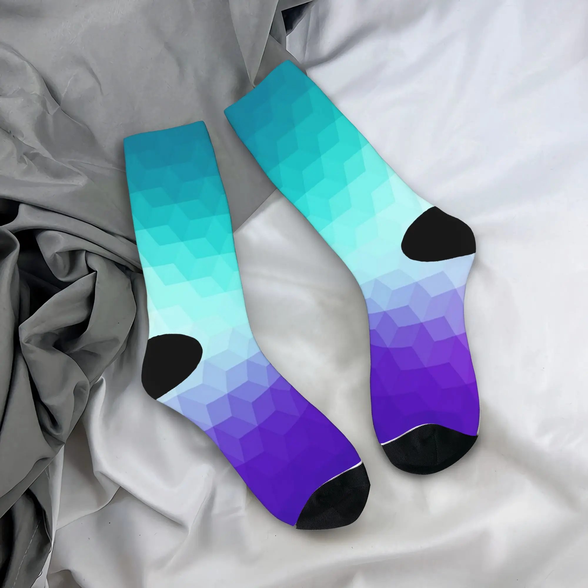 Teal Cyan Purple Hexagon Gradient Stockings  Printed Trendy Socks Winter Non-Slip Socks Men Cycling Medium Soft Socks