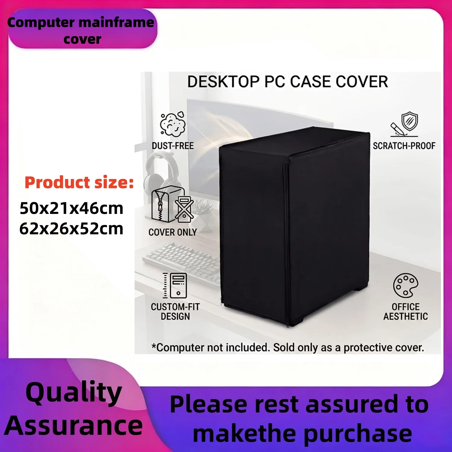 Desktop Computer Case Dust Cover, Suitable for Gaming PCs and Office Tower Cases, Made of Black 210D Premium Oxford Fabric