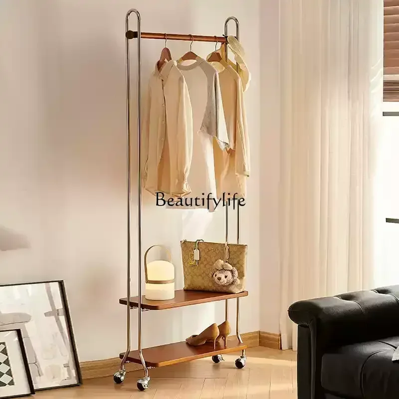 

Nordic solid wood coat rack movable floor multi-functional storage rack