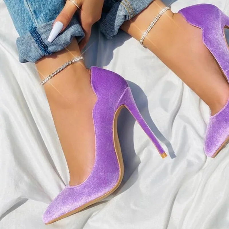 

New Arrivals Velvet Stiletto High Heels Pumps V Cut Shallow Pointed Toe 12CM Women Celebrating Shoes Purple Red White