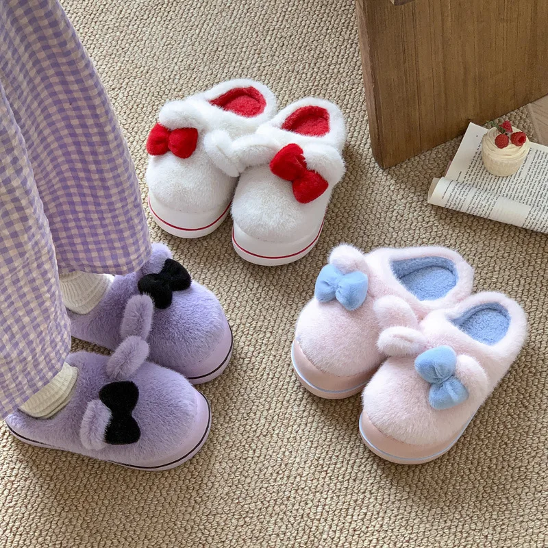 

Women Indoor Home Cotton Slippers Warm Fluffy Cute Bow Rabbit Ears Winter Soft Plush Anti-slip Girl Light Weight Footwear