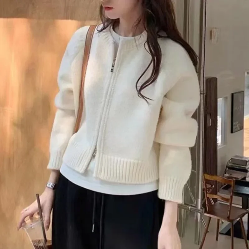 

Autumn Winter Women's Long Sleeve O Neck Zip-Up Knitted Cardigan, Long Sleeve Sweater, Korean Casual Style Chic Fashion