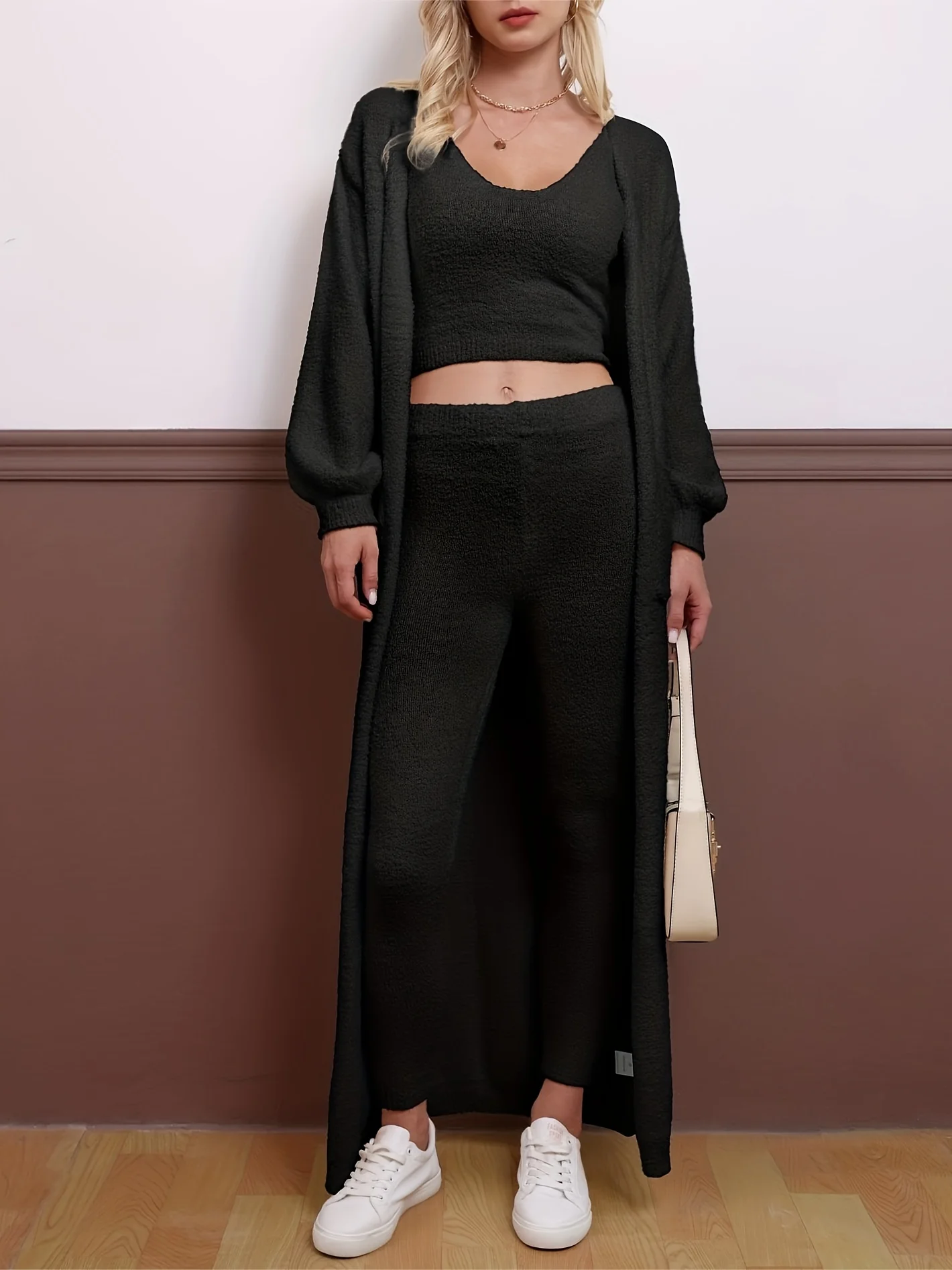 سترة سراويل طويلة، سترة صوفية كبيرة الحجم، بدلة ثلاث قطع (مع جيوب) بيجامة دافئة غير رسمية، سترة سميكة بأكمام طويلة #2