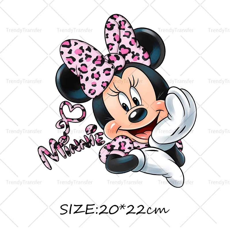 Roze Luipaard Minnie Mouse Karakter Opstrijkpatronen DTF Prints Warmtepersstickers voor kleding Strijkstickers