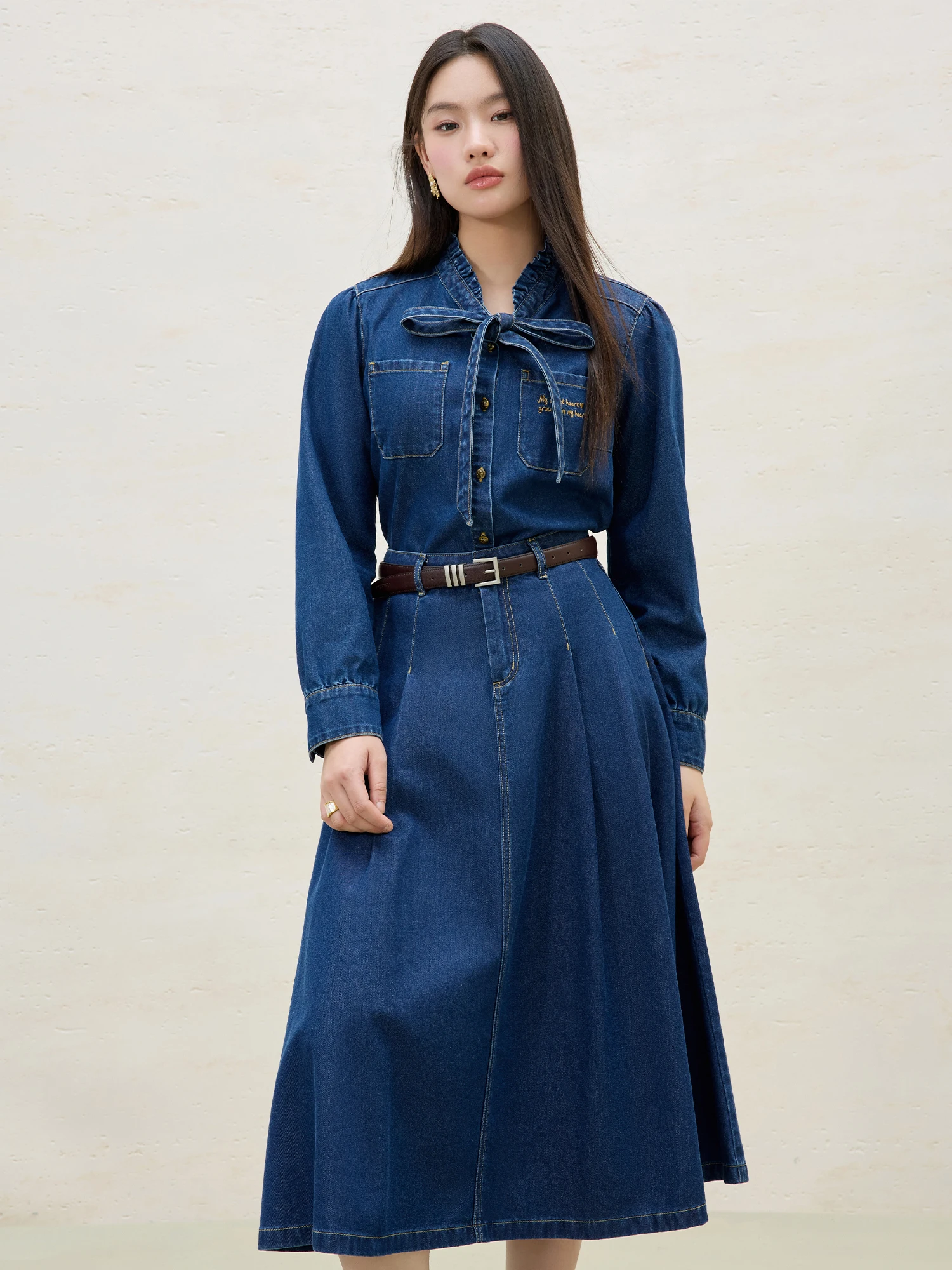 DUSHU Plus Size Vintage Style Denim Shirt Long Skirt Suit for Women 2025 Spring New Design Elegant Unique Top High Waist Skirt