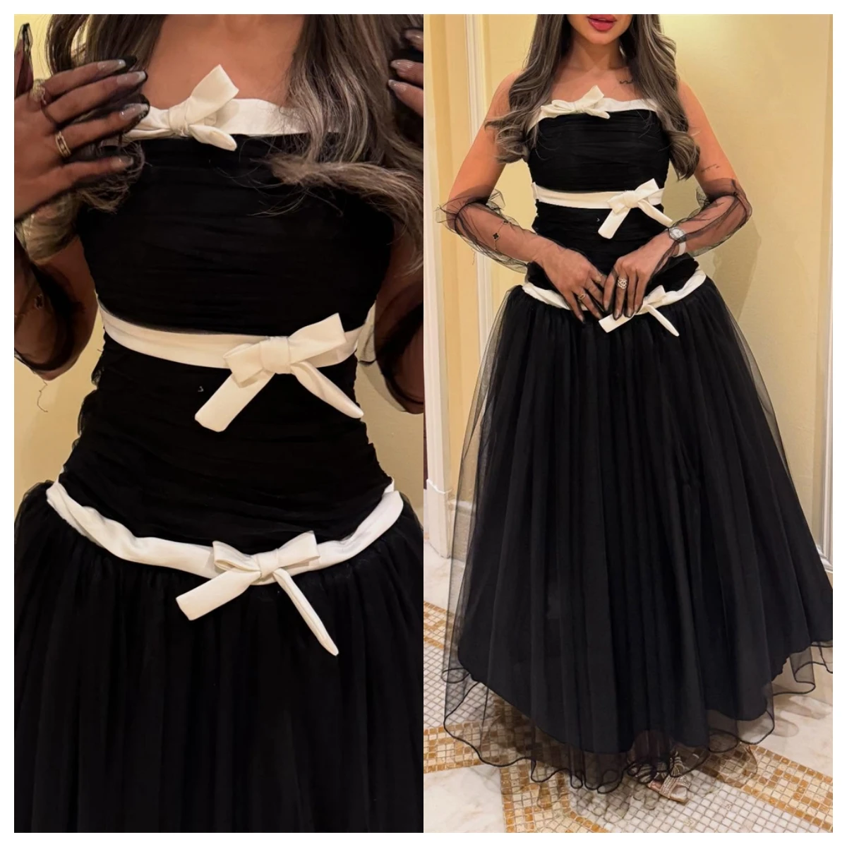 

Customized Luxury Black Tulle Evening Dress Strapless Sleeveless Bridal Party Vestido De Festa Bow High Quality Zipper Back