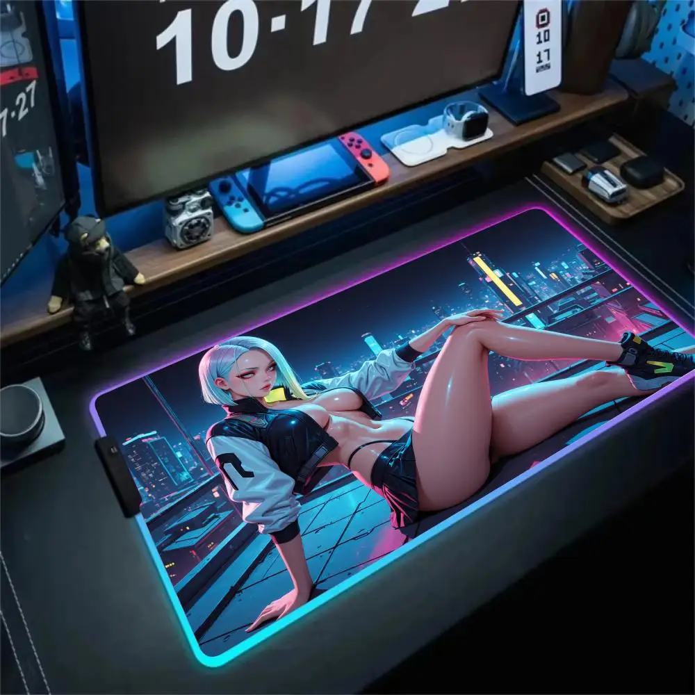 

Коврик для мыши RGB Cyber sexy Girl, светодиодный светящийся игровой коврик, резиновый противоскользящий настольный коврик, аксессуары для геймера, ПК, игровая клавиатура, коврик для мыши