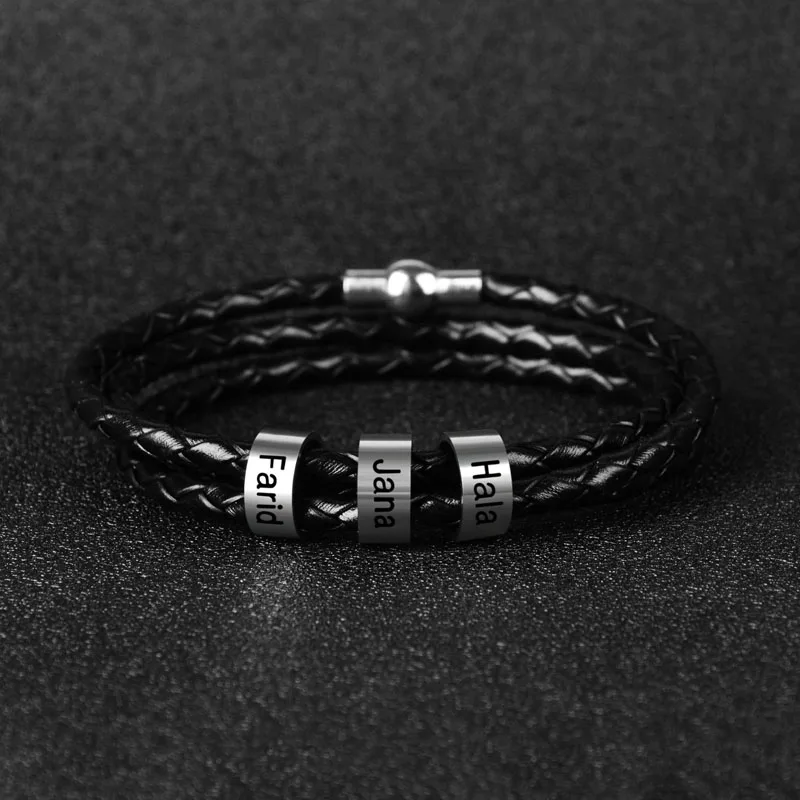 Personalized Custom Names Men Braided Rope Genuine Leather Magnetic Buckle Bracelet With Stainless Steel Beads Husband Gift