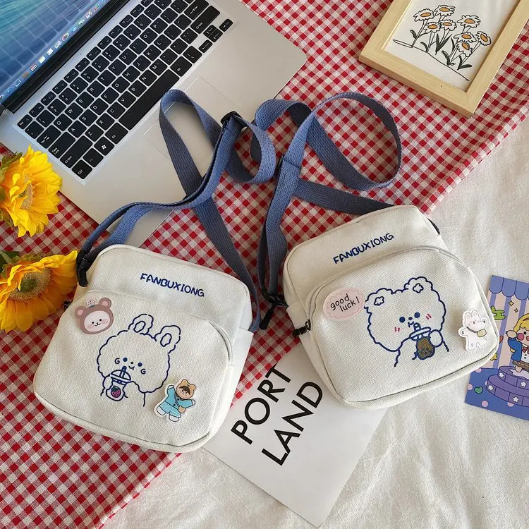 Small Women Canvas Shoulder Bags Korean Cartoon Print Fashion Bear Rabbit Mini Cloth Handbags Phone Crossbody Bag for Cute Girl