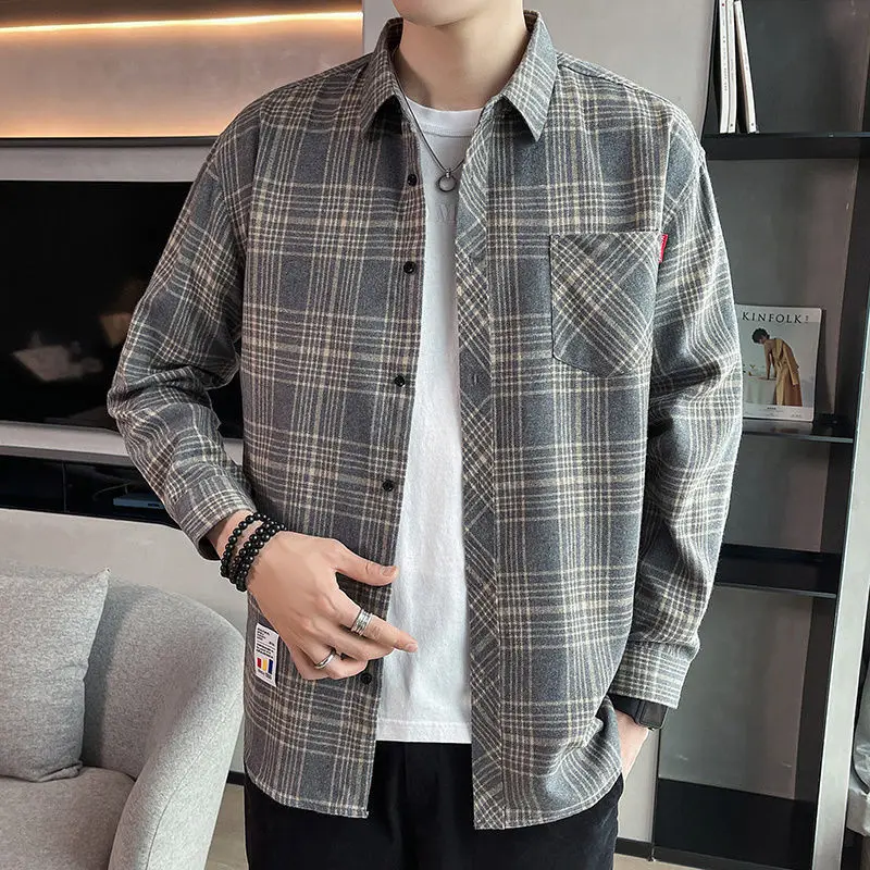 

Button Turn-down Collar Sven Simplicity Pockets Handsome Lattice Shirts Loose Men's Clothing Fashion Casual Spring Summer Thin