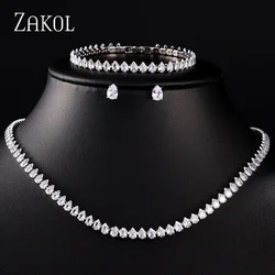 ZAKOL Luxury Water Drop Zirconia Jewelry Sets For Women Sparkling Necklace Earrings Bracelet Bridal Wedding Party Jewelry Sets
