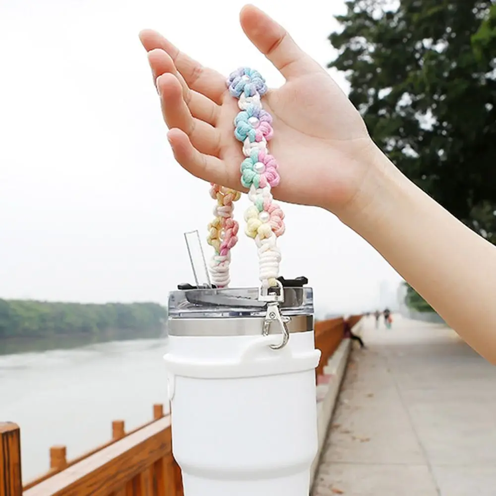 Hand-woven Water Bottle Handle Strap Macrame with Adjustable Hand Strap Flower Drink Carrier Holder Coffee Cup Sleeve Travel