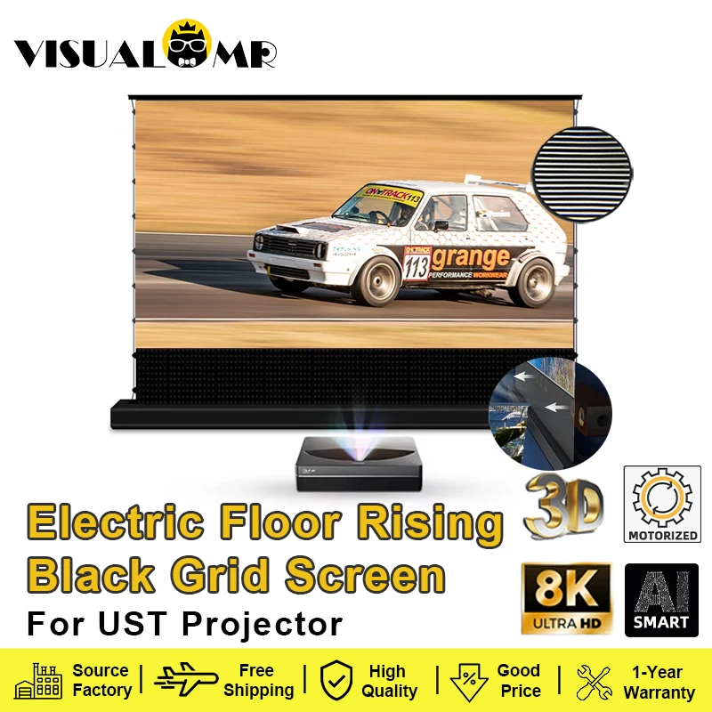 Electric Floor Rising ALR UST Projection Screen Black Grid Transparent Tab Tension Ambient Light Rejecting for UST Projector 4K