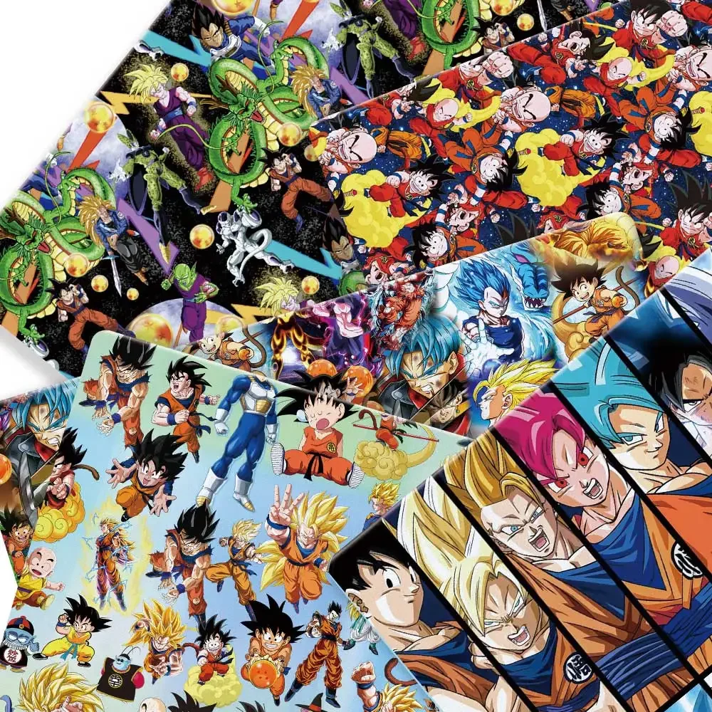 Poliéster Algodão Dragon Ball Tecido Impresso, Periféricos Anime, Patchwork de costura, Quilting Baby Dress, Kids Dress, 140x50cm