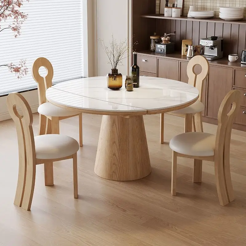 eb-Retro style Dining table high-end household Extendable round dining table set 6 chairs redonda extensible kitchen furniture-