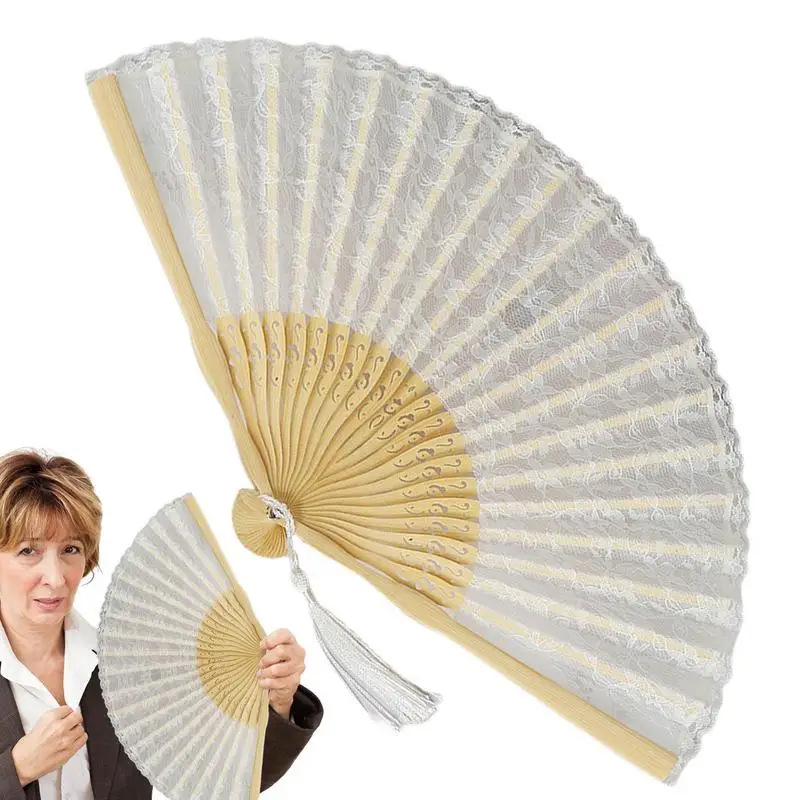 Lace Folding Fan Chinese Fabric Folding Fans Handmade Vintage Handle Fan For Dancing Party Ball Parties Ladies Hand Craft