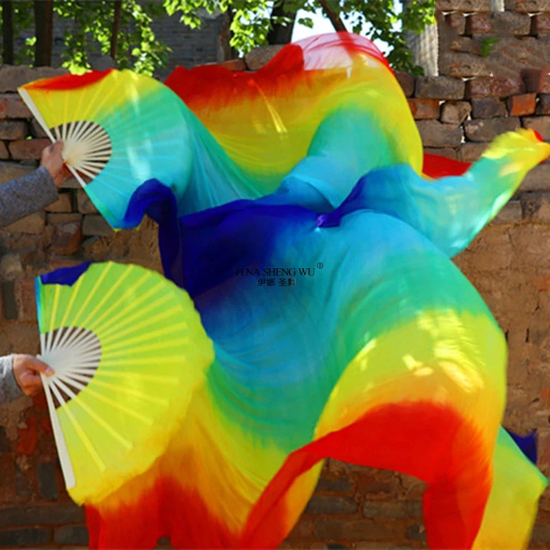 1組のシルクベリーダンスファンベール、民族的な長い竹製ファン、カラフルな長い折りたたみ式ファン、礼拝、ダンス、教会、学校のパフォーマンス用