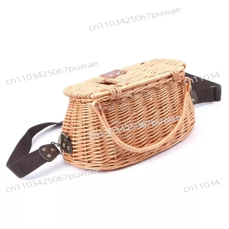 

Hand-Woven Vine Fish Basket & Wooden Lidded Fishing Bucket - Traditional Fish Guarding Cage for Angling