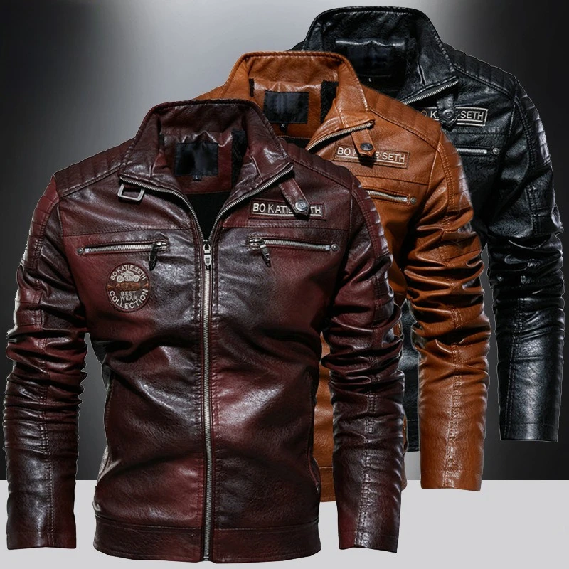 Men Vintage Faux PU Leather Biker Jacket Embroidered Badge Multi Zipper Pocket Fleece Lined Motorcycle Coat 3 Colors
