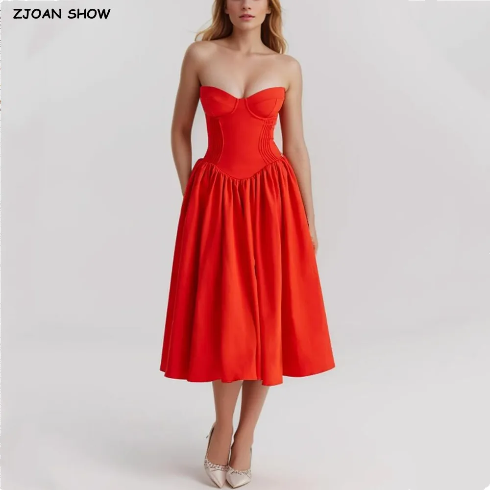 2024 Sexy Red Bra Chest With Wire Strapless Dress Women Low Waist Pleated Ruched Hem Swing Ball Gown Midi Long Party Robe