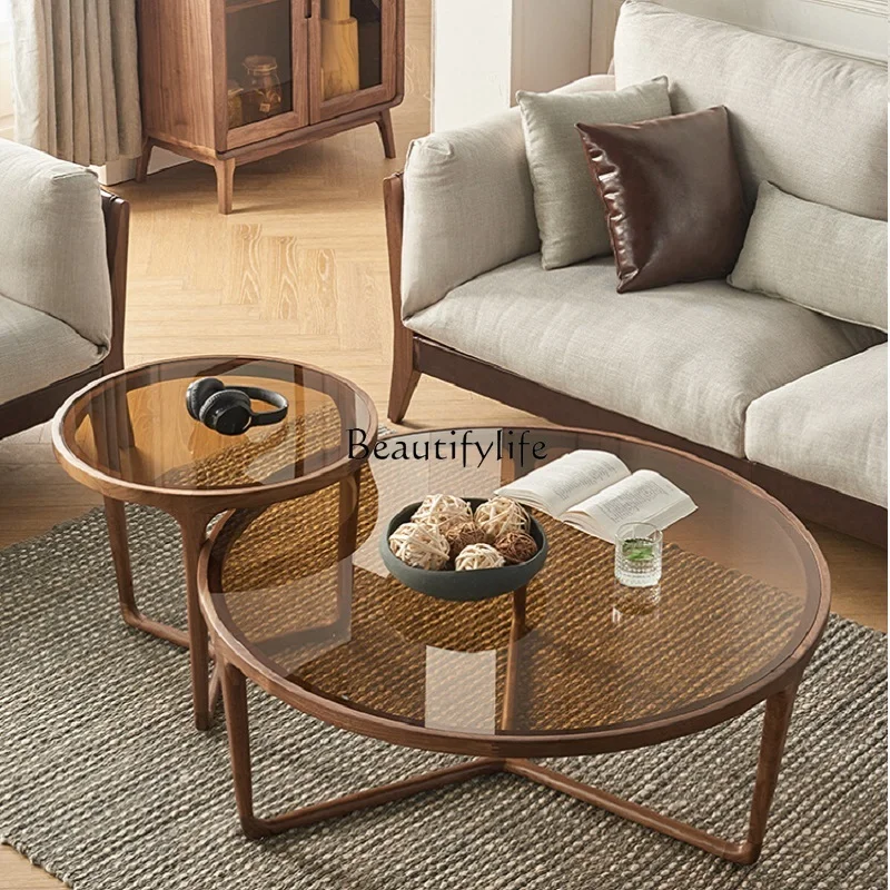 

Nordic simple black walnut living room furniture solid wood tempered glass sofa round combination