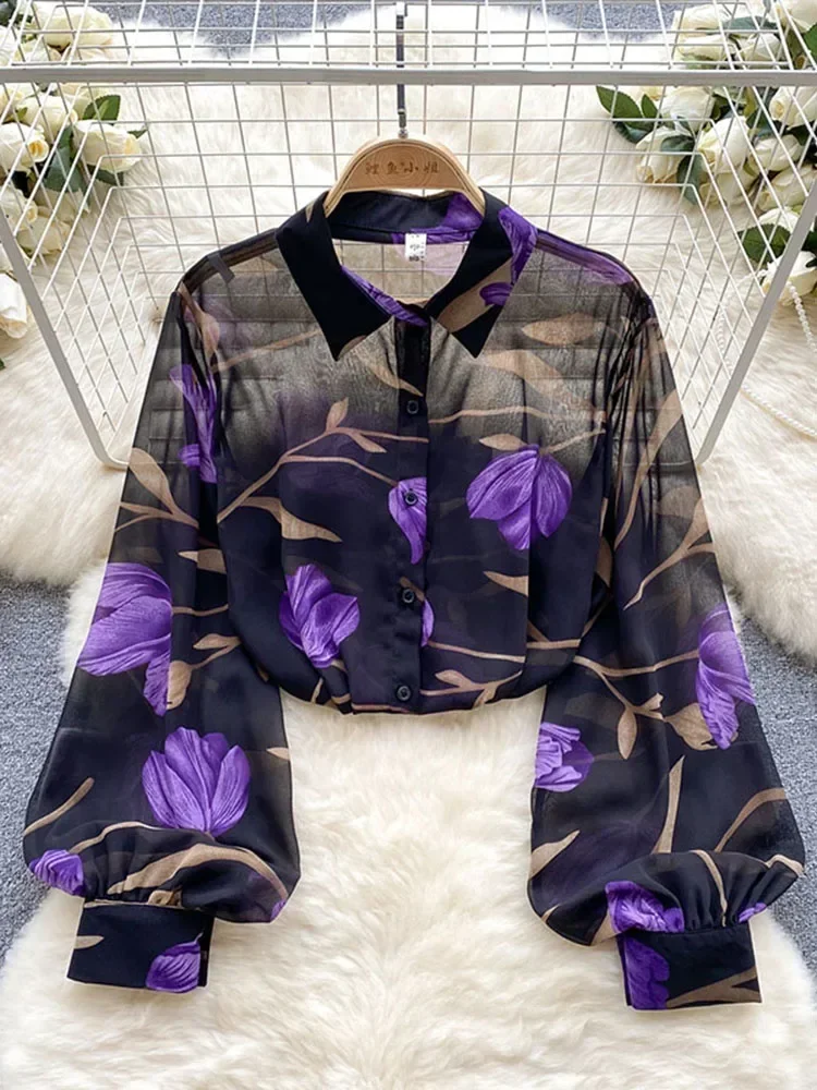 2024 New Autumn Temperament Fashion Retro Chiffon Floral Blouses Print Loose Lapel Puff Sleeve Top Button Up Shirt Female