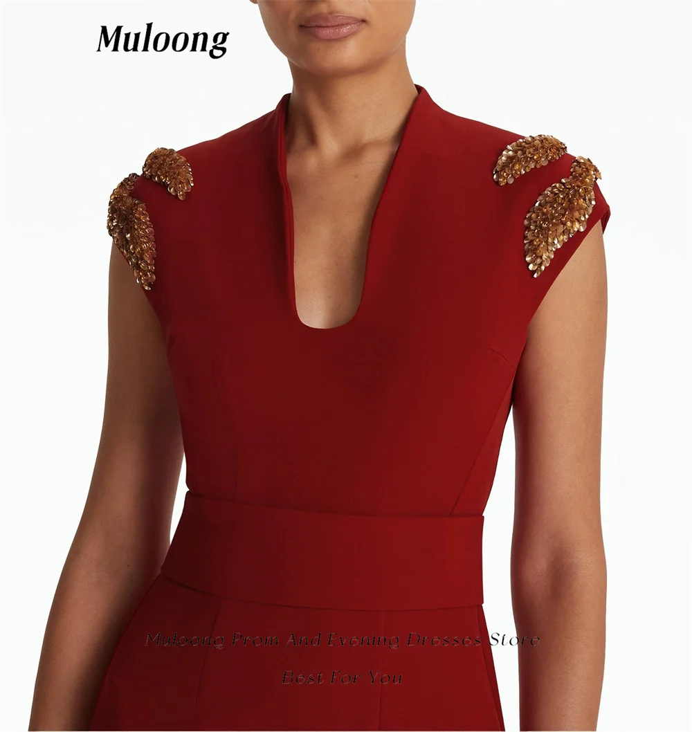 Muloong Azalea Red Cap sleeved Long Dress with Deep Curved Neck Evening Dress Gold Curled Leaf Sequins Mermaid Luxury Dress