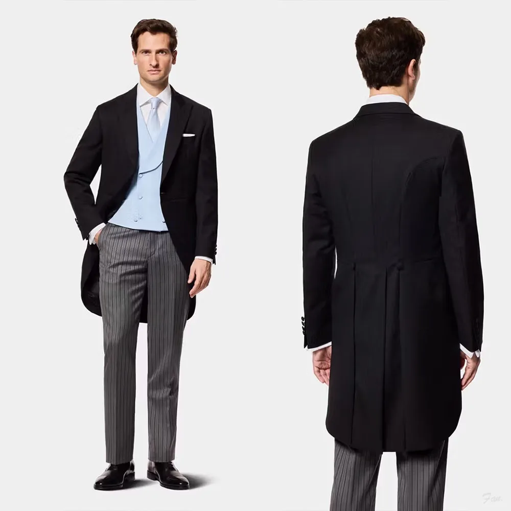 Men's Black Long Tail Morning Coat with Light Blue Vest and Striped Trousers 3 Piece Formal Suit Set Custom Made M264573