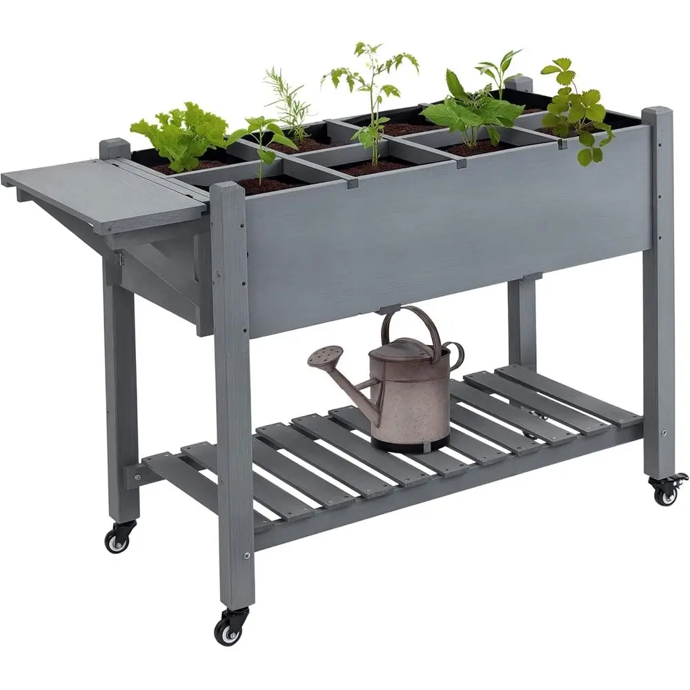 

Грядка для выращивания растений Outsunny с 8 ячейками, деревянная уличная подставка для растений со складным боковым столиком и колесами, 49" x 21" x 34", дюймы)