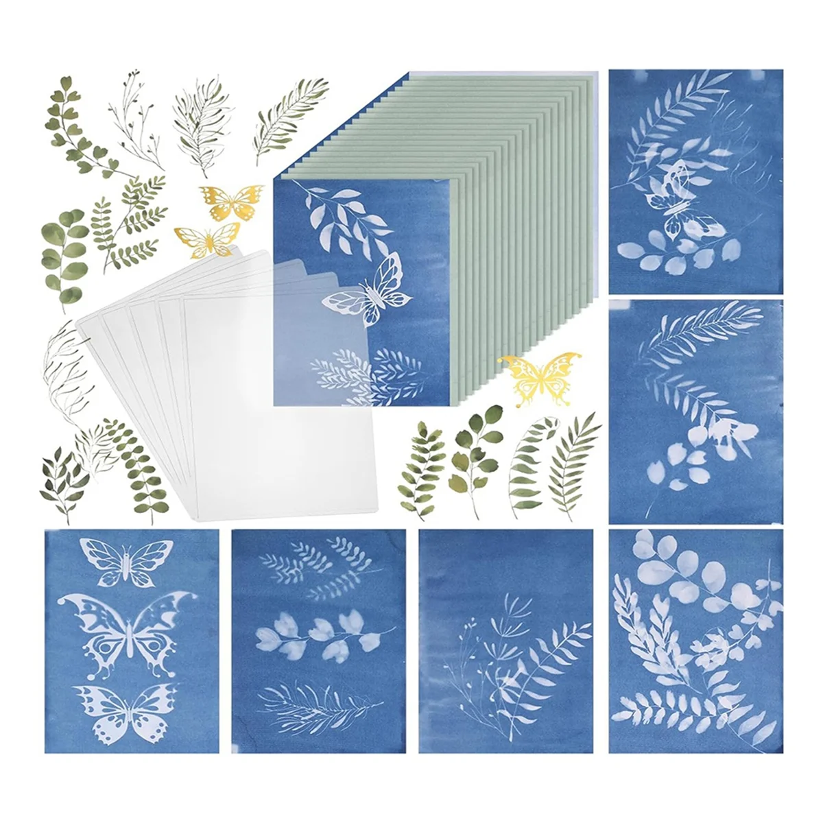 100 Piece Teal Paper Sun Printable Paper Kit with 10 Clear Plastic Sheets and Leaf Butterfly Template Paper Crafts DIY