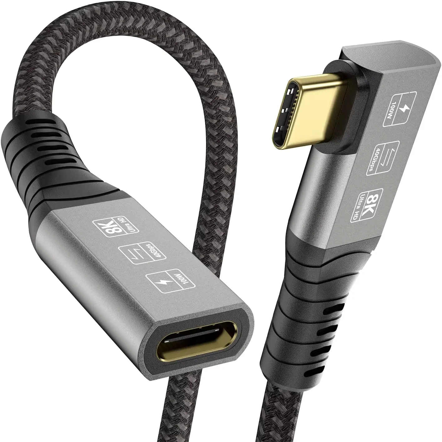 USB4 Type C Extension Cable 40Gbps 240W 8K 90 Degree USB C Male to Female Braided Video Data Cord Compatible with Thunderbolt 4