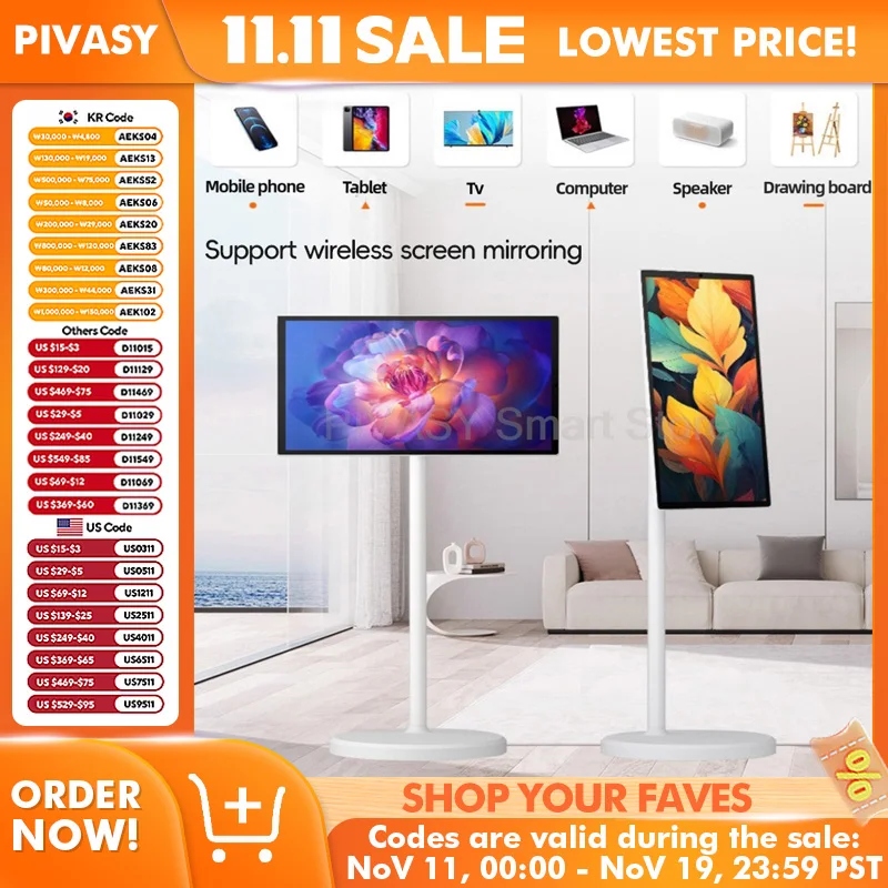 21.5インチと24インチのタッチスクリーン スマートTVモニター用モバイルスタンド、フィットネス、ホームオフィス、ワイヤレスキャスティングオーディオ対応、フロアスタンド付きバッテリー