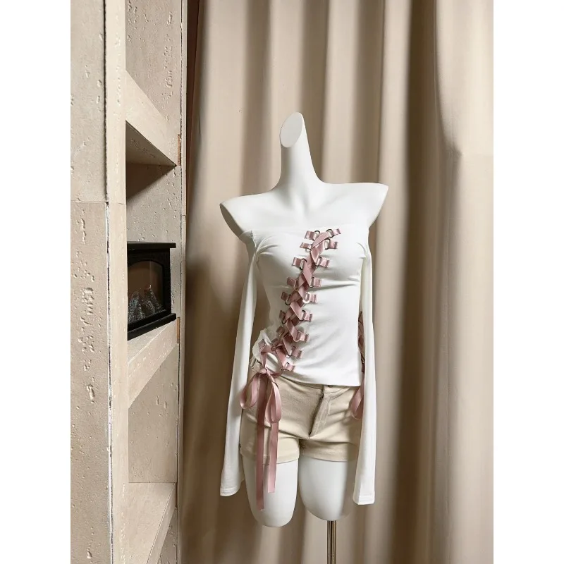 Blouse T-shirt Women Spring White Off-the-shoulder Tie-front Slim-fit Flattering Silhouette Long Sleeves New Comfortable Casual