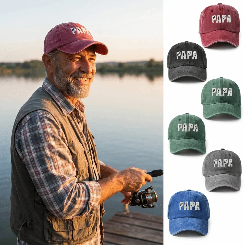 PAPA Letter Embroidery Fishing Hook Hat Washed Cotton Adjustable Dad Hat Distressed Curved Brim Cotton Baseball Hat