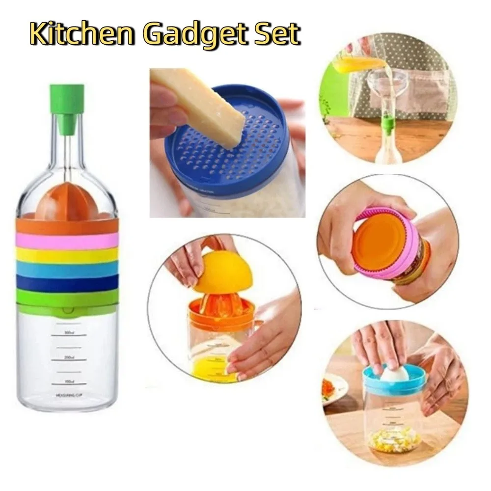 

Plastic 8 in 1 Kitchen Tool Ginger Grater Fruit Slicer Bottle-Shaped Kitchen Gadget Set Squeezer Measuring Cup Vegetable Cutter