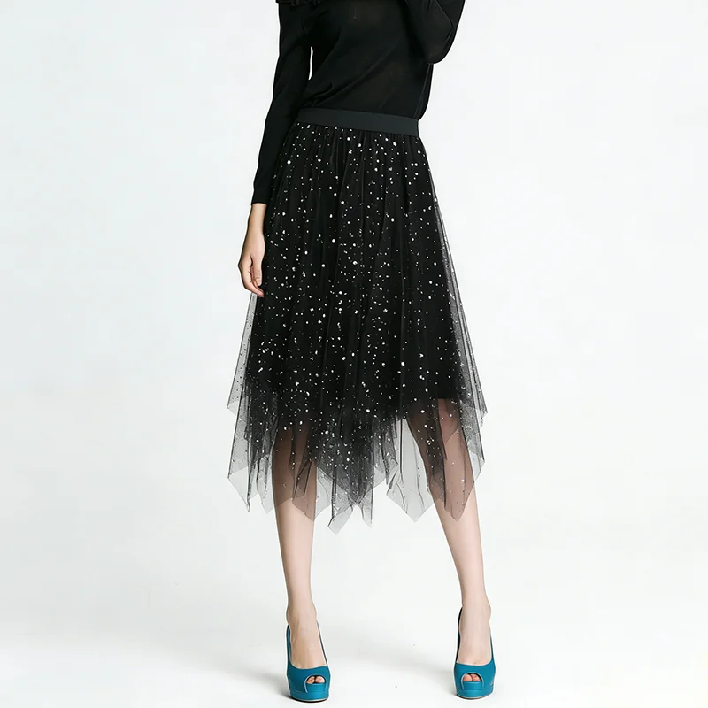 

Fashion New Irregular Mesh Sequin Mid Waist Elastic Elegant A-line Skirt For Women PY26019