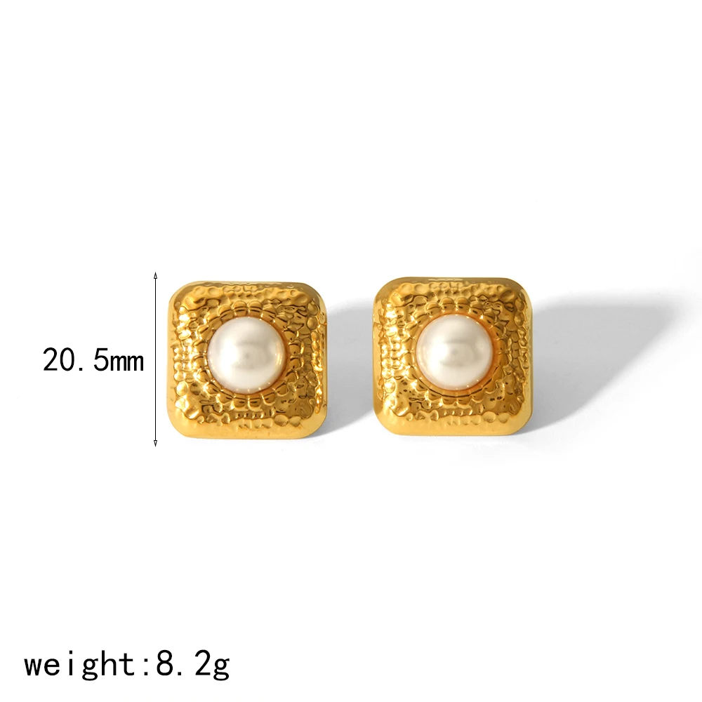 Vintage Luxury Square Hammer Texture Turquoise Stud Earrings High Quality 18k Gold Plated Stainless Steel Women Earrings