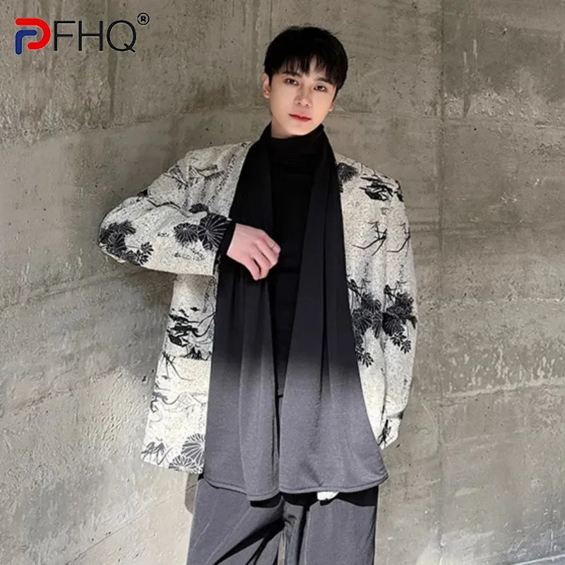 PFHQ Men's Suit Jacket New Chinese Style Casual Priting Shawl Design Tops Collarless Buttonless Loose Male Blazer Stylish 9C8050