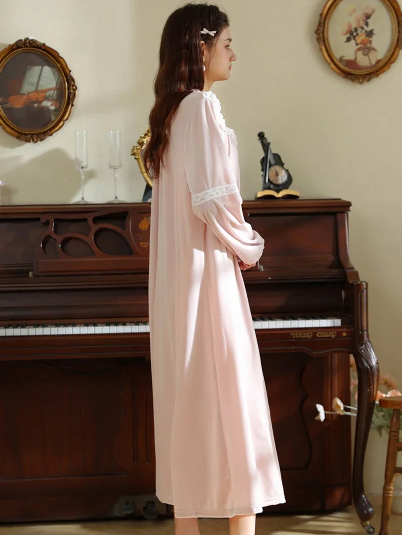 Long Sleeve Velvet Lace Fairy Nightgown Women Winter Vintage Velvet Pajamas Nightdress Loose Home Clothes Sleepwear Night Dress