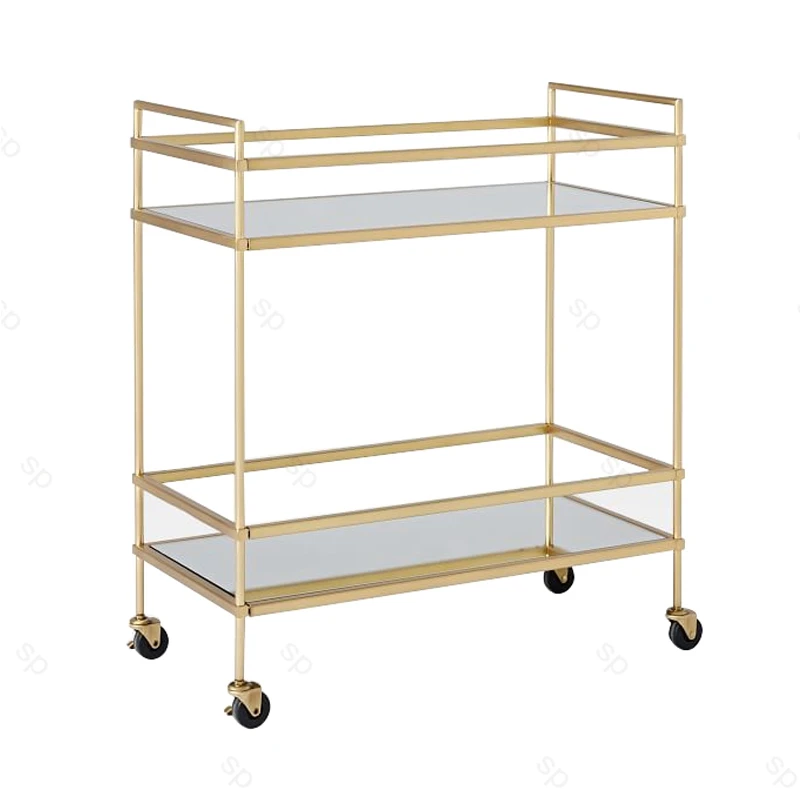 Simple Design Luxury Golden, round Metal Drink Trolley with Glass Afternoon Tea Drink Trolley