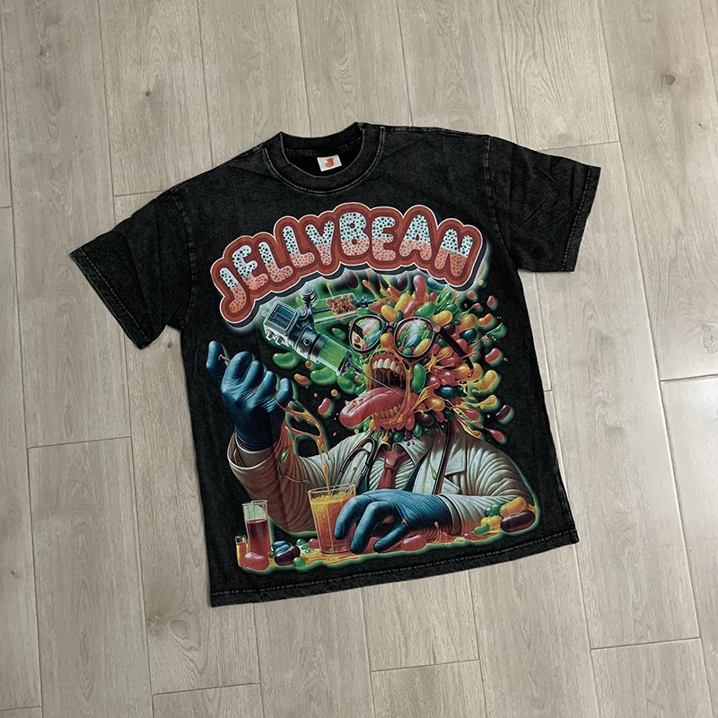 New JELLYBEAN Men Black Washed Hip‑Hop Streetwear Colorful Jelly Bean Monster Print Tshirt