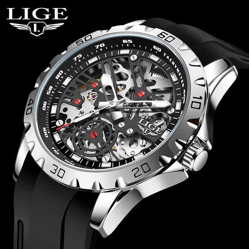 LIGE orologi meccanici da uomo moda Casual impermeabile movimento automatico orologio da uomo in Silicone Hollow Tourbillon orologio luminoso +