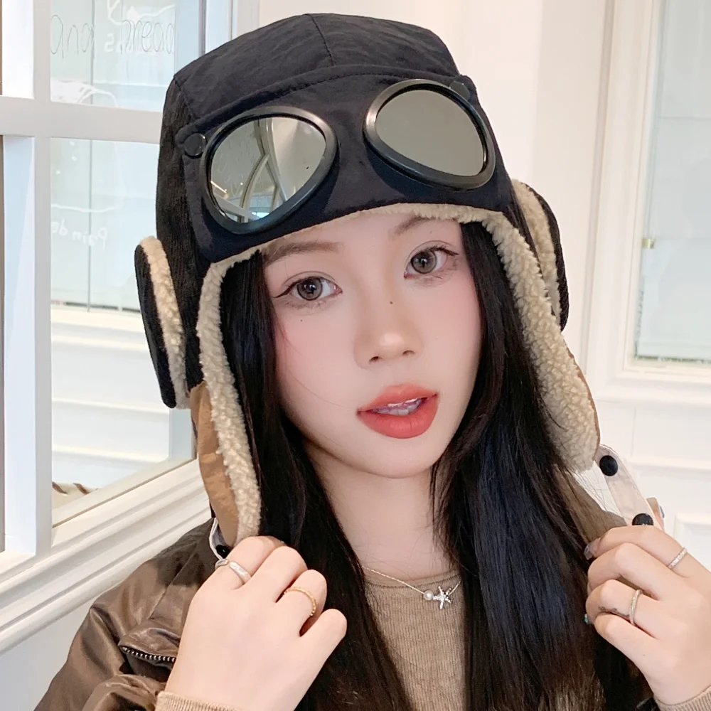 Nieuwe dames warme bommenwerperhoeden met bril pluche bont muts met oorklep winter Dandy pet voor dames