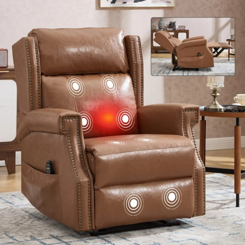 Durable hand tool 155 ° reclining massage heated recliner 22.2 inches wide seat, easy to assemble,camel wax pattern faux leather