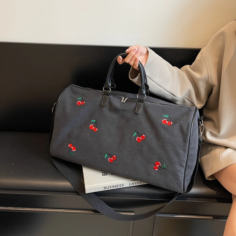 

Женская дорожная сумка через плечо с милым вишневым принтом, легкая парусиновая женская спортивная сумка большой вместимости, прочная ручная сумка