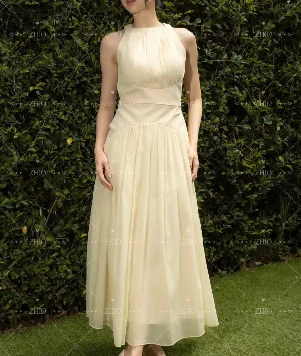 ZHIO فستان سهرة بسيط ليموني فاتح رسن بدون أكمام طول الكاحل الأورجانزا فساتين حفلات الزفاف فستان حفلات رسمي مخصص