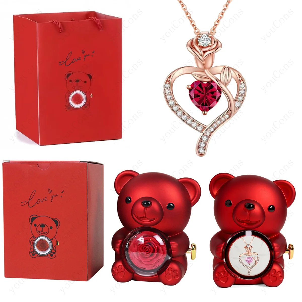 

Heart Red Pendant Necklaces With Bear Rose Gift Box For Women Mother Day Christmas Valentine Wedding Birthday Choice Jewelry