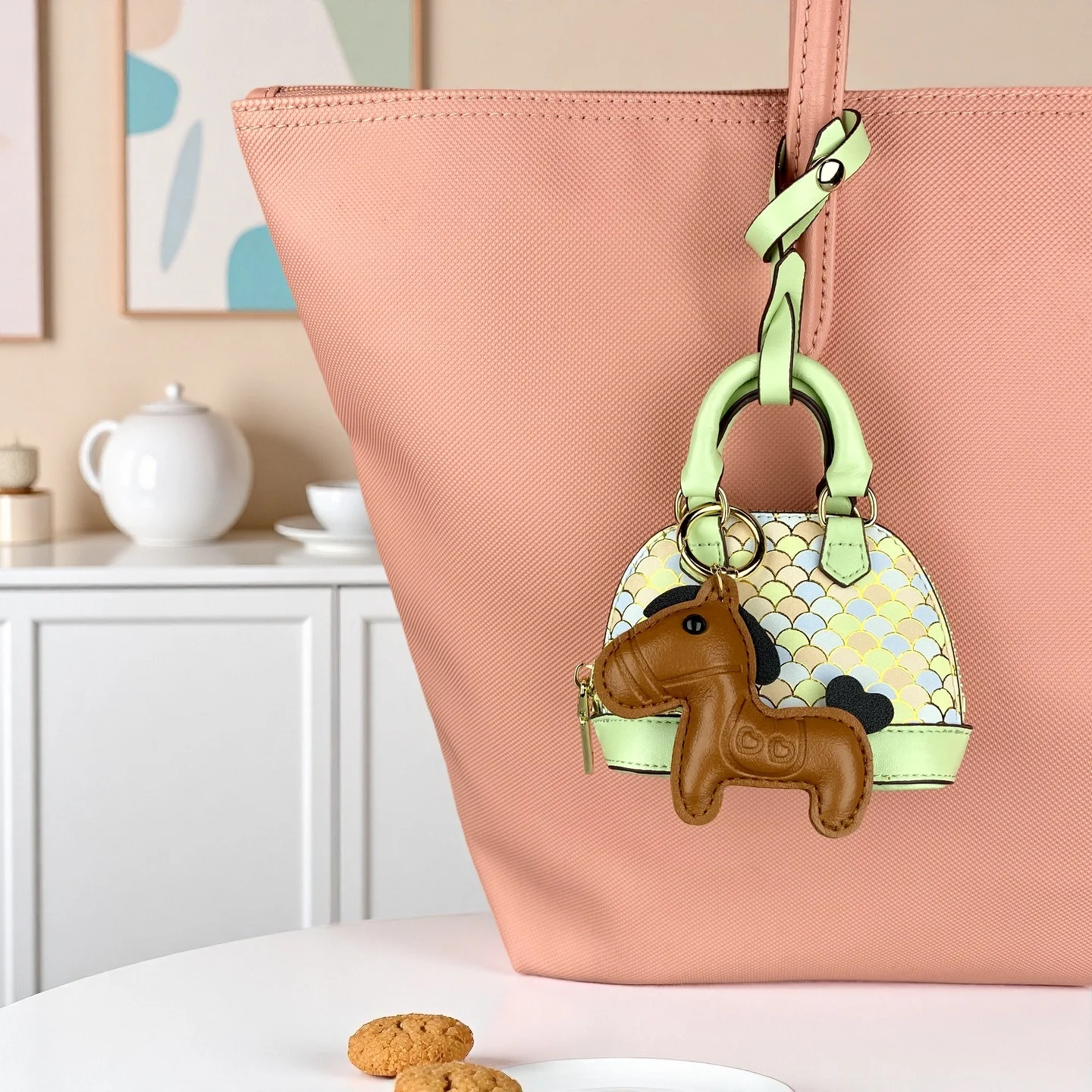 Cute Mini Shell PU Leather Pouch With Pony Charm Set - Crossbody Chain/Makeup & Earbuds Organizer-Perfect Gift/Bag Accessory