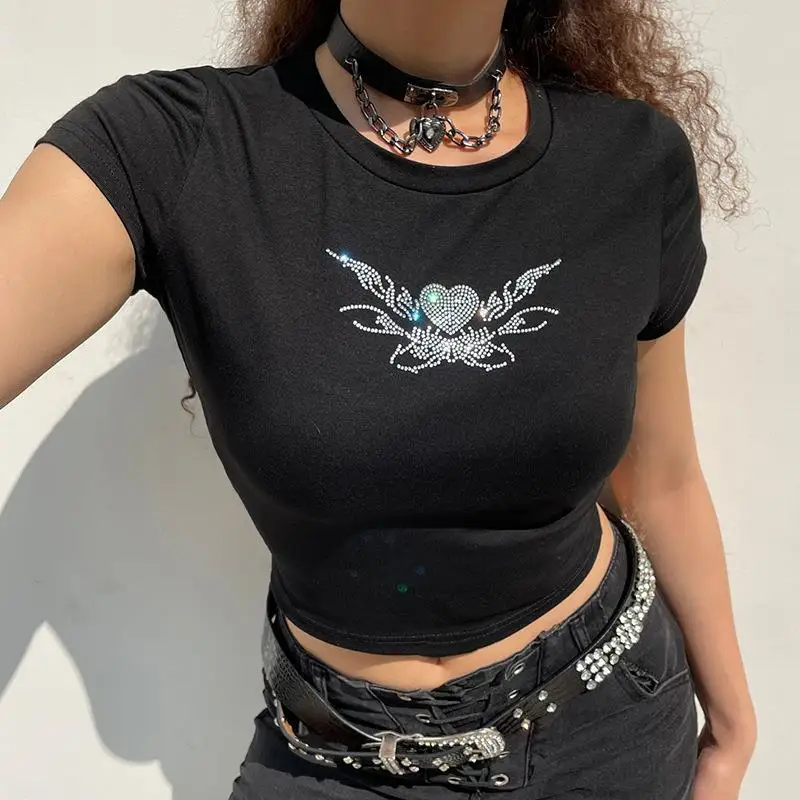 2024 Summer New Spice Girl Tight-fitting Hot-drilling Short Women's Shirt T-shirt