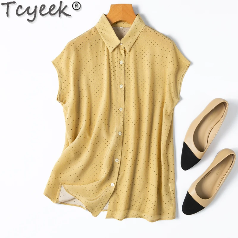 

Tcyeek 100% Mulberry Silk Shirt Elegant Shirts for Women 2024 Summer Clothes Womens Tops Short Sleeve Dots Camisa Feminina